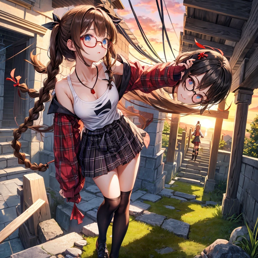 black brown hair、Red-blonde、blue eyes、Braid、one good looking girl、solo、anime、Plaid miniskirt、camisole、black t-shirt、Tilting your face、Doing the ribbon、Ribbon at waist、sunset sky、stone stairs、tunnel、Fallen leaves、wearing glasses、Burning、Light and shadow、maze、balloon、monster castle、lanthanum、corridor、Black socks、mossy stone