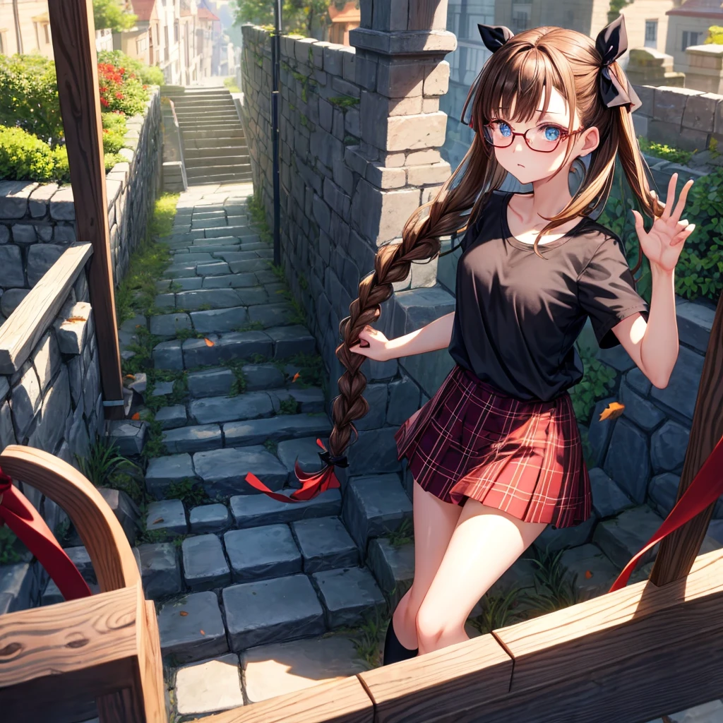 black brown hair、Red-blonde、blue eyes、Braid、one good looking girl、solo、anime、Plaid miniskirt、camisole、black t-shirt、Tilting your face、Doing the ribbon、Ribbon at waist、sunset sky、stone stairs、tunnel、Fallen leaves、wearing glasses、Burning、Light and shadow、maze、balloon、monster castle、lanthanum、corridor、Black socks、mossy stone