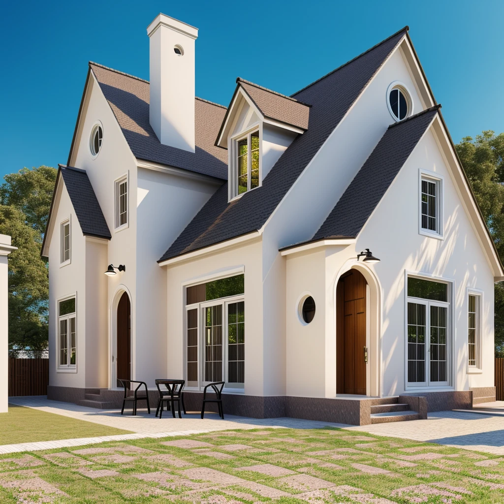 Realistic images, extremely detailed, a modern house, 1 road in font of house, large yard made by ceramic, (1 car), brick fence, lawn, a few small flowers, a road in front of the house, main materials of the house are white walls and red brick, Modern design, clear blue sky, sunrise light, light from inside, dynamic light,shimering light, cinematic light, romantic feeling, (((day light, warm light)))