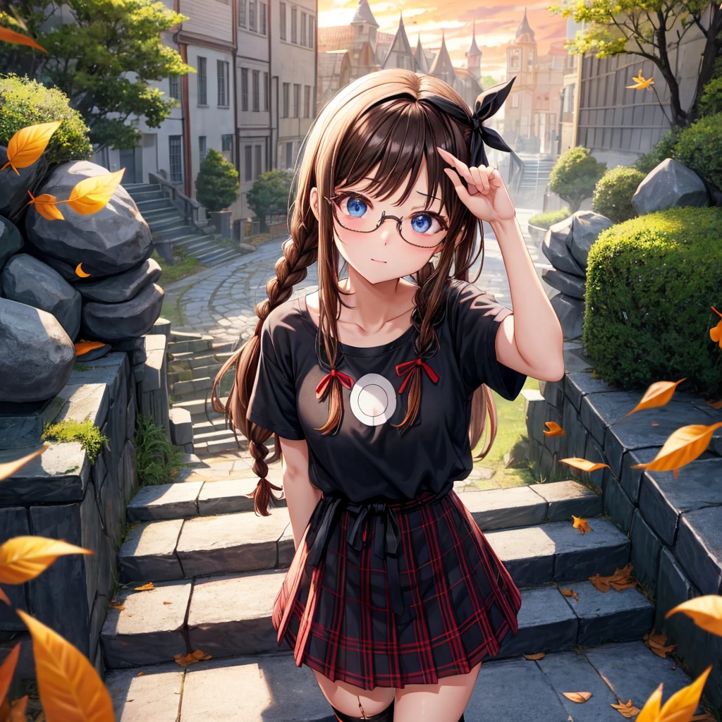 black brown hair、Red-blonde、blue eyes、Braid、one good looking girl、solo、anime、Plaid miniskirt、camisole、black t-shirt、Tilting your face、Doing the ribbon、Ribbon at waist、sunset sky、stone stairs、tunnel、Fallen leaves、wearing glasses、Burning、Light and shadow、maze、balloon、monster castle、lanthanum、corridor、Black socks、mossy stone