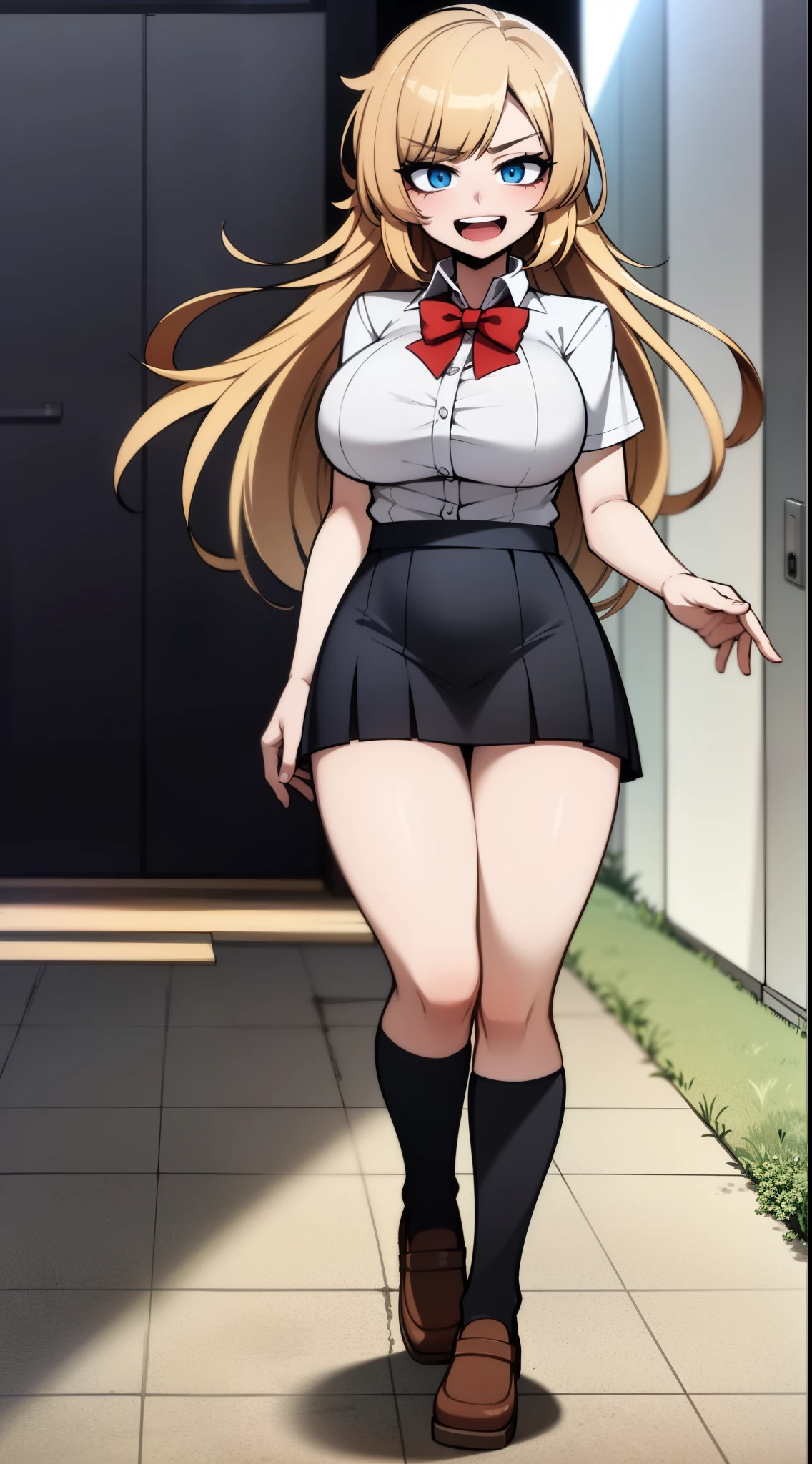 large breasts (weight: 1.5),

an anime/cartoon character wearing a girls school uniform walking upright with straight posture and an open mouth, 1girl, solo, thigh-highs, Short sleeve shirt, ahoge, long hair, hand on hip, full body, bow, school uniform, looking at viewer, bowtie, shoes, loafers, ribbon, (very short skirt:1.4),

official art, extremely detailed CG unity 8k wallpaper, perfect lighting,Colorful, Bright_Front_face_Lightinasterpiece:1.0),(best_quality:1.0), ultra high res,4K,ultra-detailed,
photography, 8K, HDR, highres, absurdres:1.2, Kodak portra 400, film grain, blurry background, bokeh:1.2, lens flare, (vibrant_color:1.2)
, (beautiful_face:1.5),(narrow_waist), (Beautiful,Huge_Breasts:1.3)