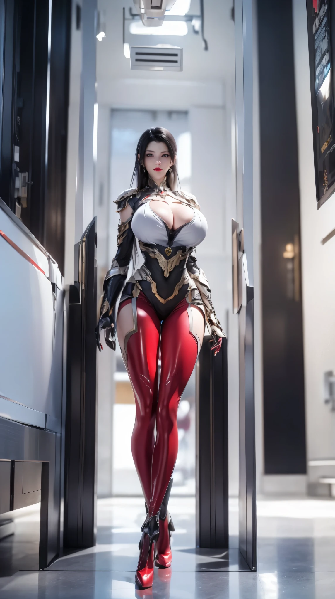 A BEAUTY GIRL WITH BLACK HAIR, ((1girl)),(HYPER-REALISTIC:1.5), (PHOENIX GOLD HELM:1), (EXPOSE HUGE FAKE BREAST:1.5), ((CLEAVAGE:1.5)), (MUSCLE ABS:1.5), (MECHA GUARD ARMS:1.5), (RED SHINY FUTURISTIC MECHA CROP TOP, BLACK MECHA SKINTIGHT LEGGINGS, WHITE MECHA GUARD ARMOR LEGS, MECHANICAL HIGH HEELS:1.5), (MUSCULAR BODY,WET OIL BREAST,SEXY LONG LEGS:1.3), (LOOKING AT VIEWER:1.3), (FEMALE FOCUS:1), (STANDING HALLROOM OF FUTURISTIC SPACE STATION:1), (BRIGHT LIGHT WHITE_ROOM:1.3), HYPER TEXTURE, (4X MSAA), ((UNREAL ENGINE 5 RENDER)), PHYSICALLY-BASED RENDERING, ULTRA HIGHT DEFINITION, 16K, 1080P.