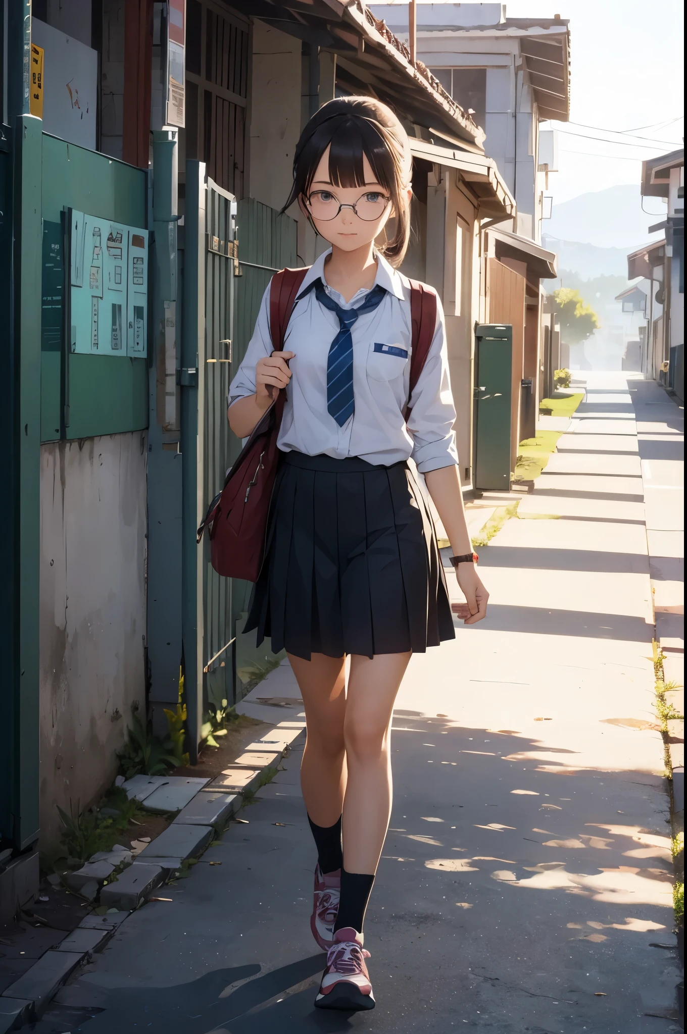 A Beautiful Girl, walk to school, ((wear glasses))