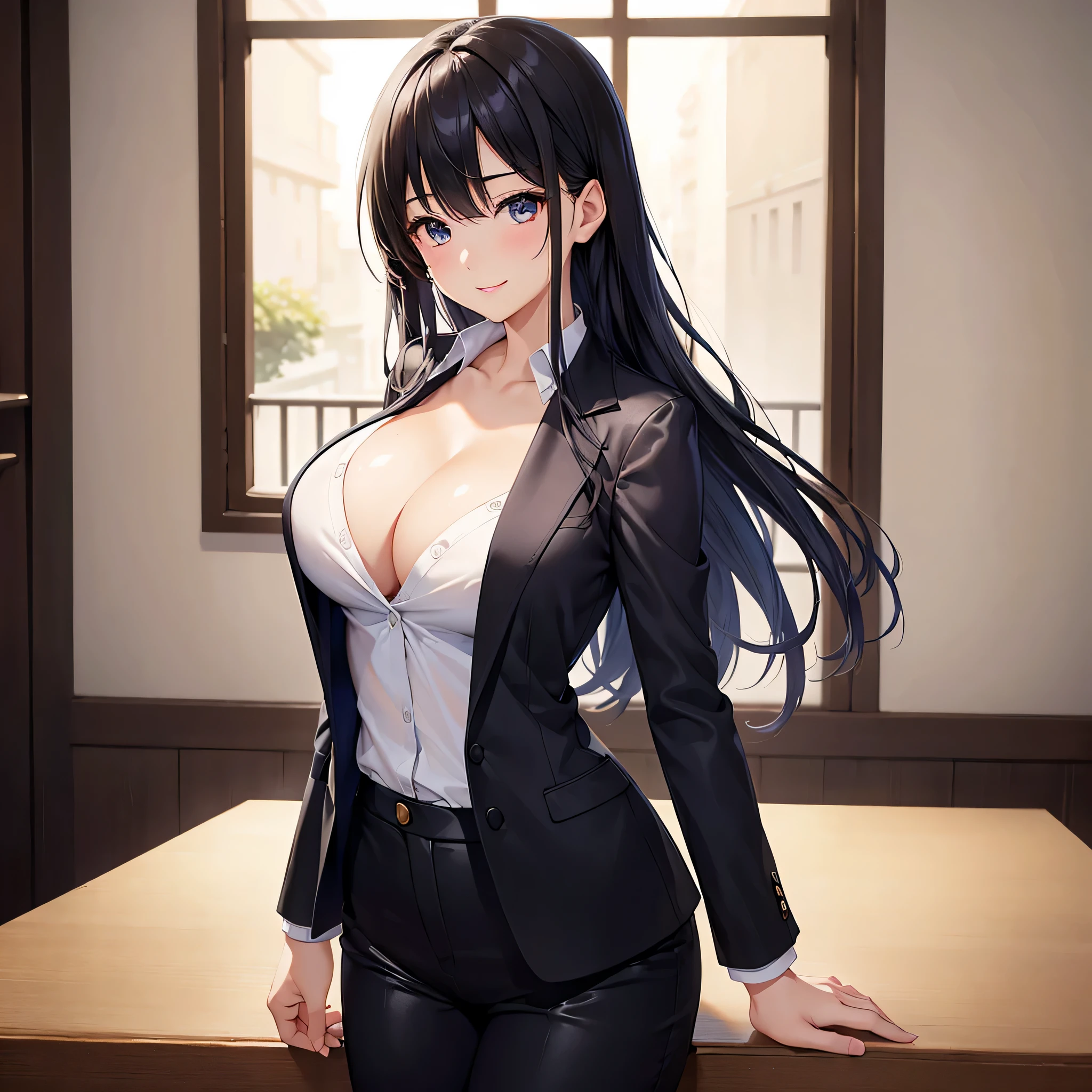 One super beautiful woman、((highest quality、8K masterpiece:1.3))、sharp focus:1.2、(super beautiful face:1.0)、(shiny skin:1.0)、realistic pictures、black hair、video writing、High resolution eyes and face、The front side of the huge breasts of Japanese idol actresses、shy smile、The beauty of slender abs、whole body、wearing a suit、(wearing a shirt)、At work