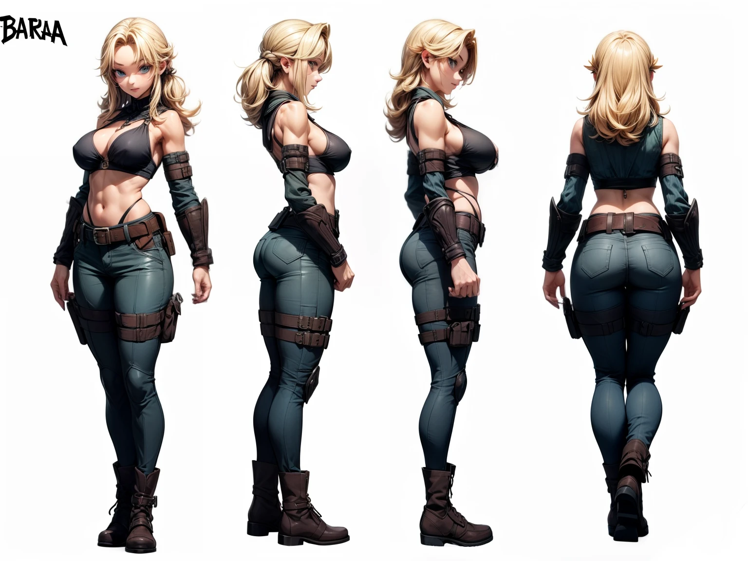 ((masterpiece)),(((best quality))),((character design sheet)),  ((flat color, plain color)),concept, poses, masterpiece, best quality, highres, 1girl, baarbara, barbarian female, blonde hair, visible forehead, military gear,  blue eyes, black ((black tube bra)), ((visible underboob)), green snake pants, large breasts, standing, blank background ,chara-sheet