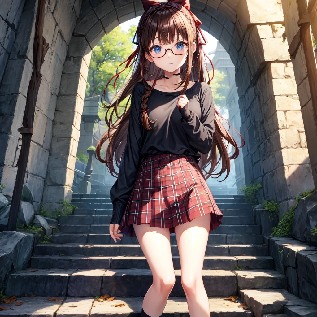 black brown hair、Red-blonde、blue eyes、Braid、one good looking girl、solo、anime、Plaid miniskirt、camisole、black t-shirt、Tilting your face、Doing the ribbon、Ribbon at waist、sunset sky、stone stairs、tunnel、Fallen leaves、wearing glasses、Burning、Light and shadow、maze、balloon、monster castle、lanthanum、corridor、Black socks、mossy stone