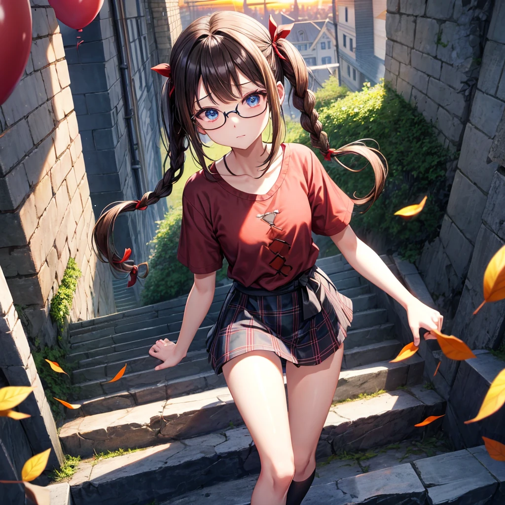 black brown hair、Red-blonde、blue eyes、Braid、one good looking girl、solo、anime、Plaid miniskirt、camisole、black t-shirt、Tilting your face、Doing the ribbon、Ribbon at waist、sunset sky、stone stairs、tunnel、Fallen leaves、wearing glasses、Burning、Light and shadow、maze、balloon、monster castle、lanthanum、corridor、Black socks、mossy stone