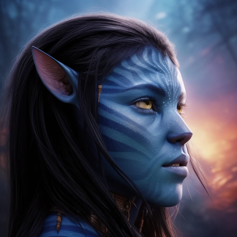 avatar style, portrait:1.6, 1girl, female, (blue skin tone:1.0), (long hair:1.0), one pair of pointy ears:1, long hairstyle, black hair color, 18 years old:1, face wrinkles, wearing tribal clothing, wearing a top:1, detailed eyes, toned body, glowing, ethereal atmosphere, dreamy lighting, otherworldly beauty, (best quality, highres), ultrarealistic, skin details, striped skin, sfw, ultradetailed body, simple background, avtr:1