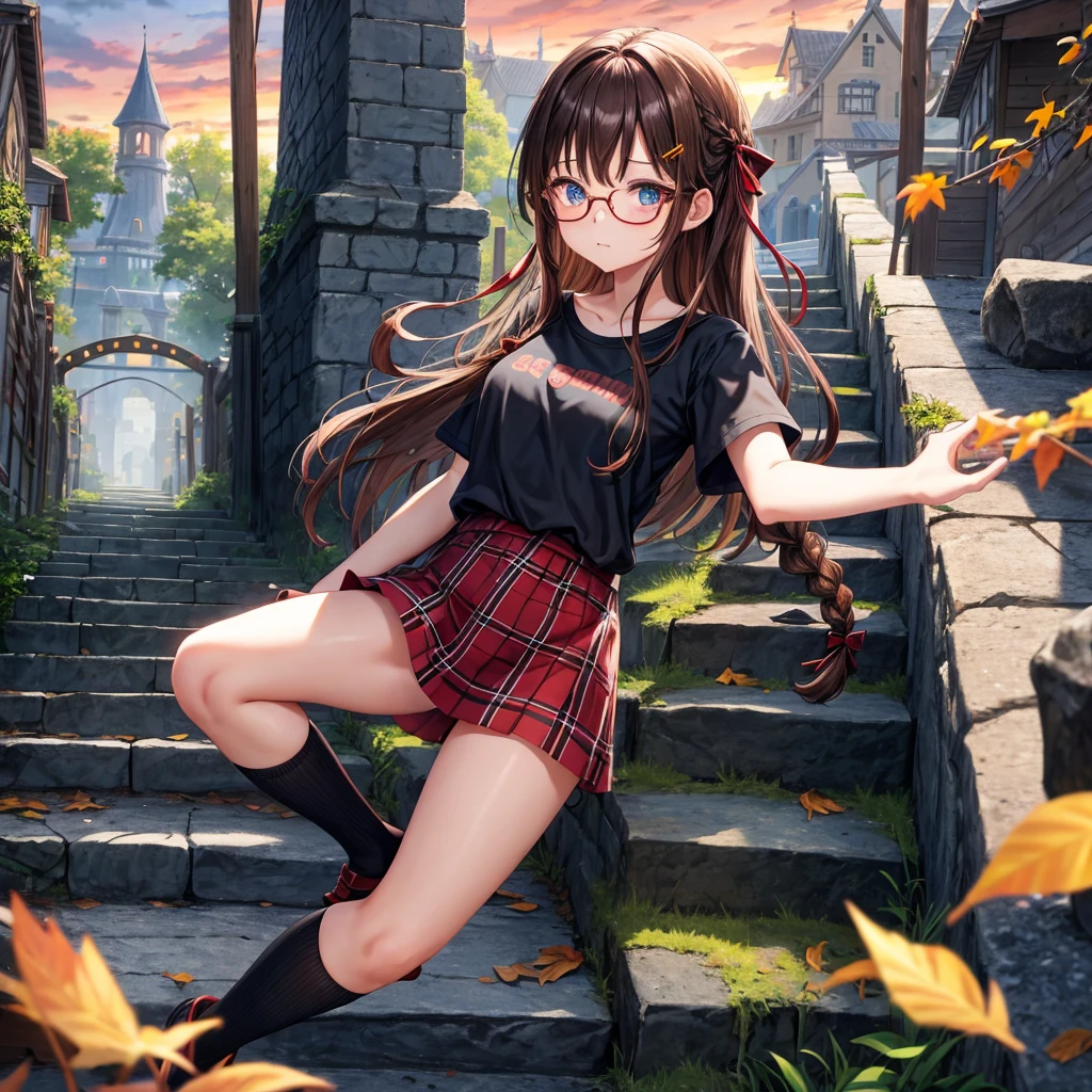 black brown hair、Red-blonde、blue eyes、Braid、one good looking girl、solo、anime、Plaid miniskirt、camisole、black t-shirt、Tilting your face、Doing the ribbon、Ribbon at waist、sunset sky、stone stairs、tunnel、Fallen leaves、wearing glasses、Burning、Light and shadow、maze、balloon、monster castle、lanthanum、corridor、Black socks、mossy stone