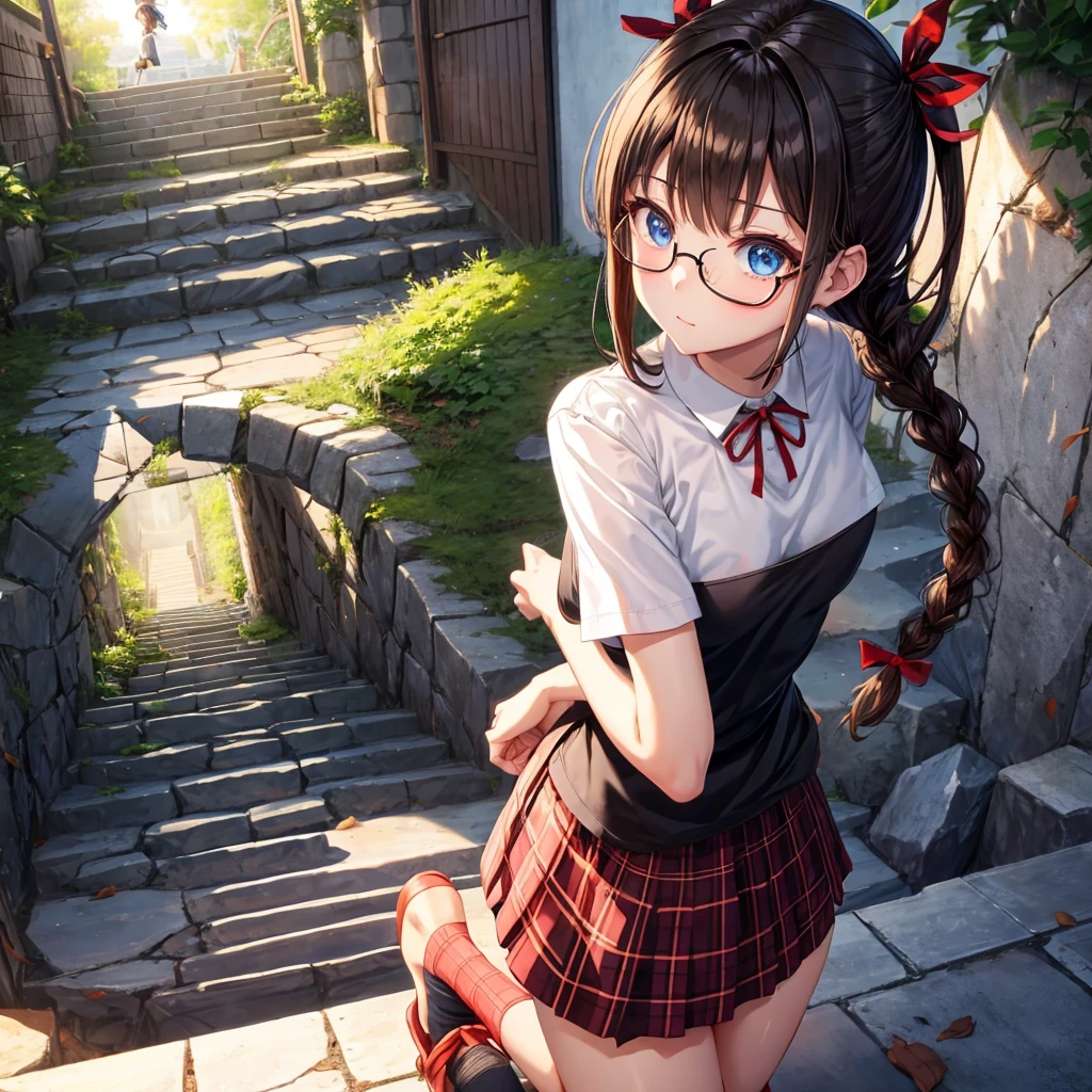 black brown hair、Red-blonde、blue eyes、Braid、one good looking girl、solo、anime、Plaid miniskirt、camisole、black t-shirt、Tilting your face、Doing the ribbon、Ribbon at waist、sunset sky、stone stairs、tunnel、Fallen leaves、wearing glasses、Burning、Light and shadow、maze、balloon、monster castle、lanthanum、corridor、Black socks、mossy stone