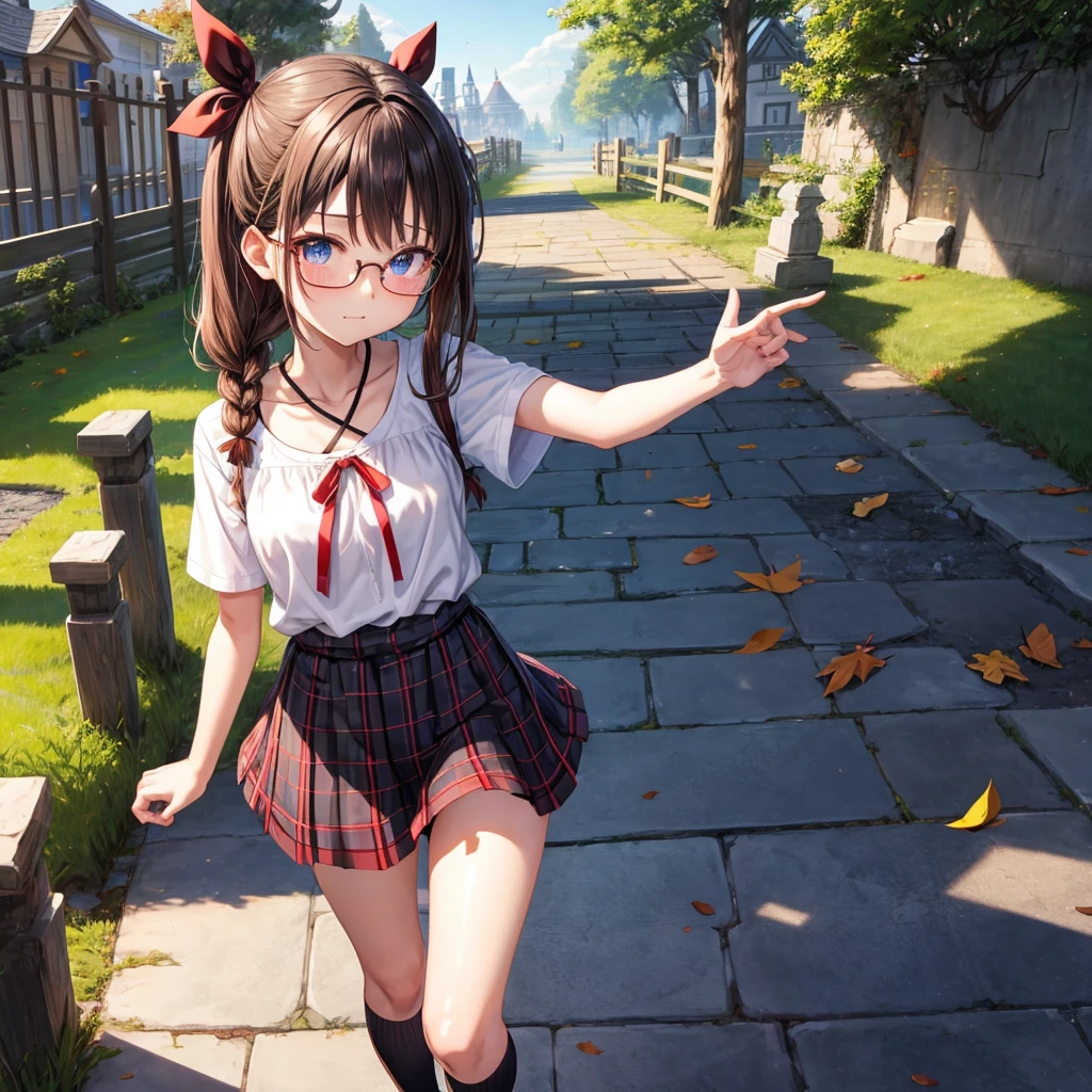 black brown hair、Red-blonde、blue eyes、Braid、one good looking girl、solo、anime、Plaid miniskirt、camisole、black t-shirt、Tilting your face、Doing the ribbon、Ribbon at waist、sunset sky、stone stairs、tunnel、Fallen leaves、wearing glasses、Burning、Light and shadow、maze、balloon、monster castle、lanthanum、corridor、Black socks、mossy stone