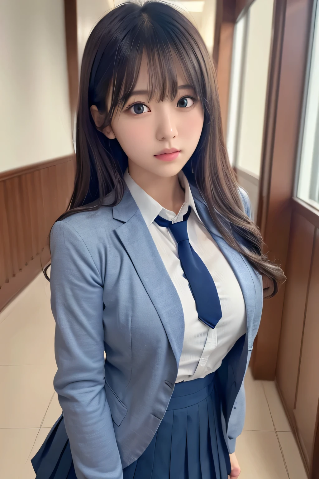 8K, highest quality, real image, intricate details, Super detailed, ultra high resolution, depth field,(realistic,realistic:1.2),table top , frontal shot , From the middle , 1 girl, eye_Chan, very beautiful  girl, innocent big eyes,、beautiful breasts:1.5、非常に詳細なeye:1.2)、(beautiful breasts:1.1)、wavy hair、curly hair、bangs、, perfect skin, Fair skin, cleavage, tight waist, light blush, alone、 (looking at the viewer, anger)、 ((School_uniform),(dark blue blazer), (white shirt、Wearing a tie), (gray pleated skirt), (sculpture installation :1.1)、High School Hallway