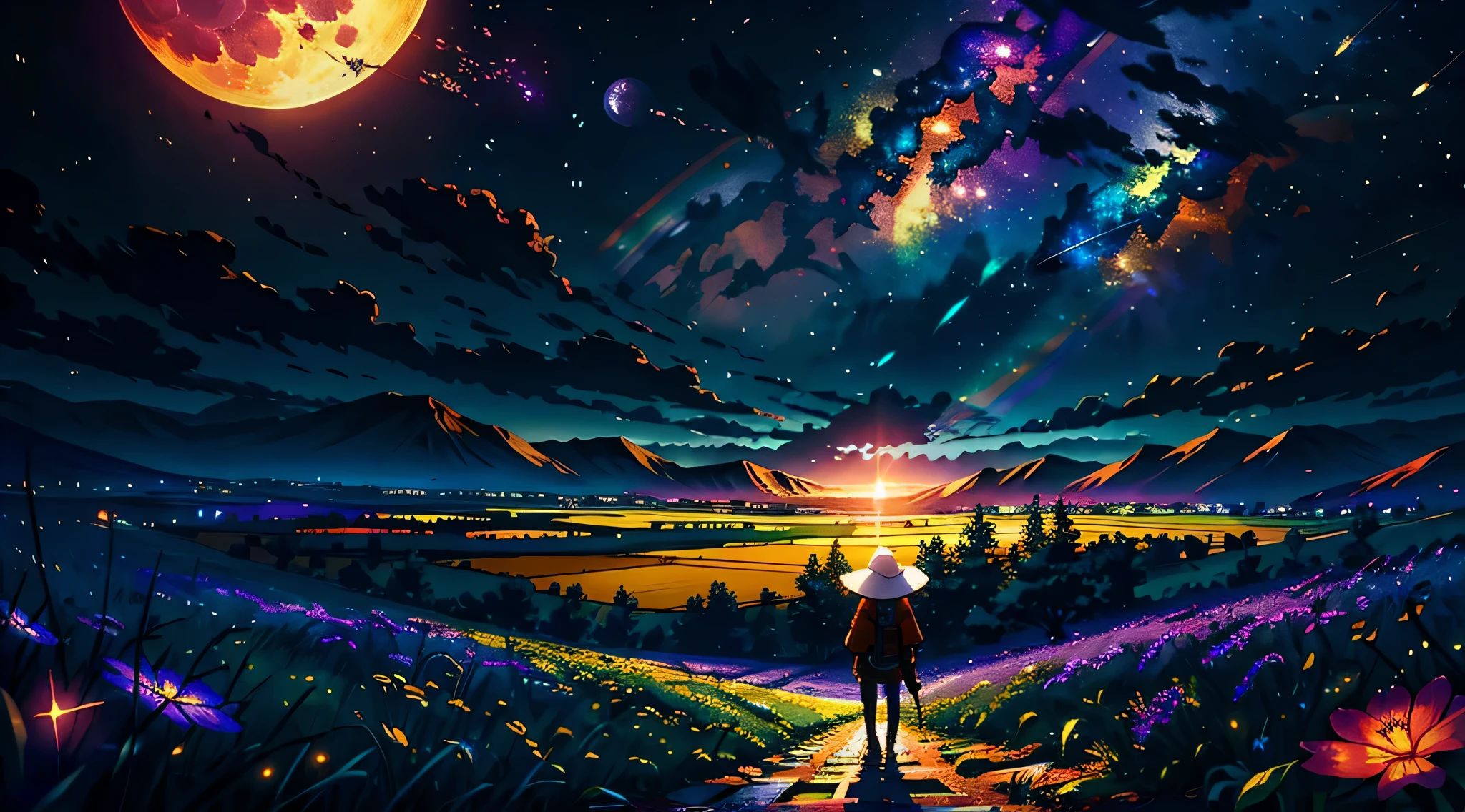 Wide landscape photo, (Bottom view, the sky is higher, and an open field below), A girl stands on a flower field and looks up, (full moon: 1.2), (Meteor: 0.9), (nebula: 1.3), Distant mountains , Trees BREAK Craft, (warm light: 1.2), (Firefly: 1.2), lights, Lots of purple and orange, complex parts, volumetric lighting BREAK (masterpiece: 1.2), (Best quality), 4K, ultra detailed, (dynamic composition: 1.4), Rich in detail and color, (Rainbow color: 1.2), (shine, Atmospheric lighting), dreamy, magic, (One: 1.2)