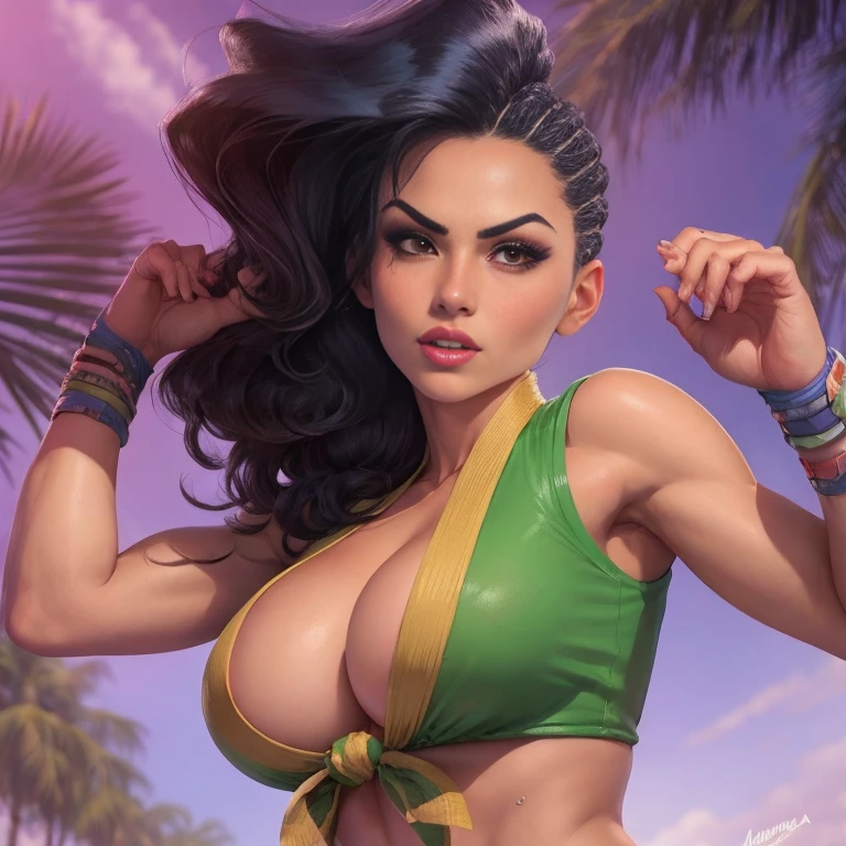 1 sexy woman, 25 yo,  (laura matsuda) (streetfighter), cowboy shot, mid distance shot, perfect eyes, perfect body, perfect hands, perfect lips, hourglass body, 34d breast, copa cabana beach, background, extremely detailed, ultra-realistic, dark hair, tanned skin, fit body, muscolar, sensual look, sexy eyes, 