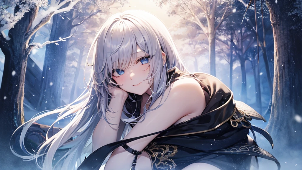super high quality, with a girl, 20-year-old, very short hair, long bangs between the eyes, pale blue eyes , blue sky, sunlight, very detailed,(masterpiece、highest quality)、alone、gray hair、laughter、White skin as clear as snow、fantasy, silver hair, black eye, beautiful eyes,, ecstasy, charm, be smitten with audience, fantasyな風景、