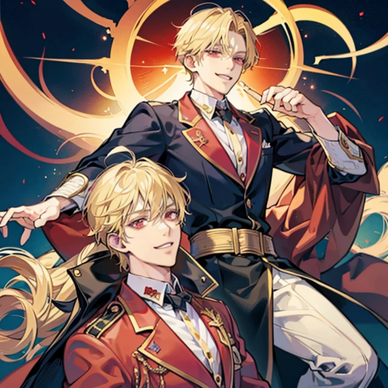 Blonde anime guy,red eyes, blazer, handsome anime pose, Blonde madman,grin and laugh,nihilistic smile, Tall anime guy with red eyes,Star motif,Danmei,enjoyable
