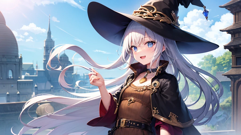 super high quality, with a girl, 20-year-old, very short hair, long bangs between the eyes, pale blue eyes , blue sky, sunlight, very detailed,(masterpiece、highest quality)、alone、gray hair、laughter、White skin as clear as snow、fantasy, silver hair, black eye, beautiful eyes,, ???????, charm, be smitten with audience, fantasyな風景、witch hat