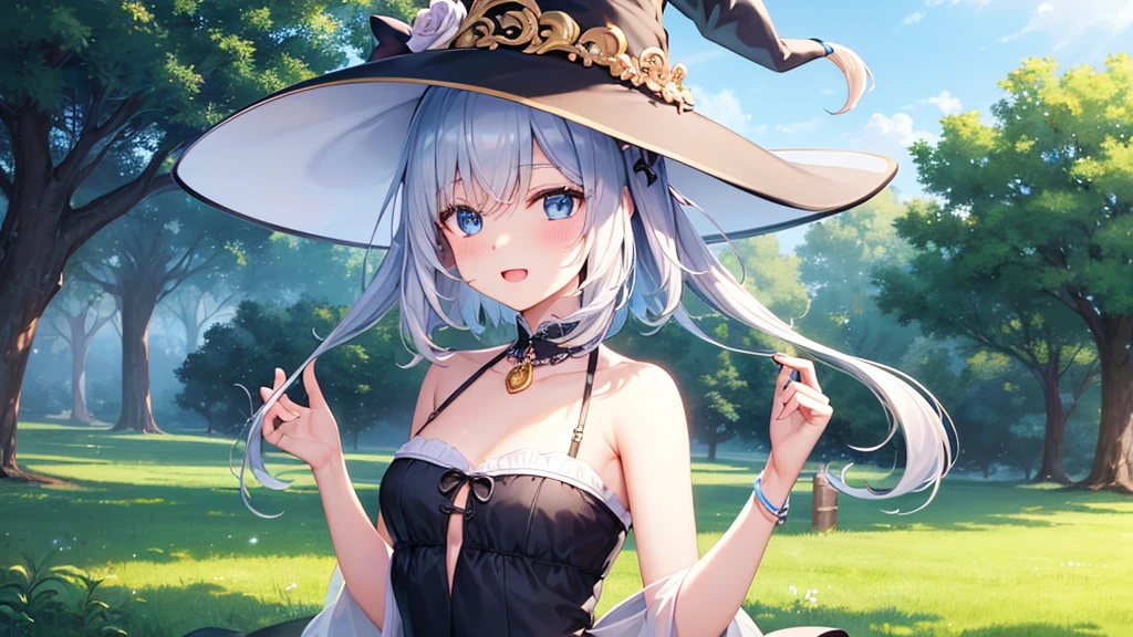 super high quality, with a girl, 20-year-old, very short hair, long bangs between the eyes, pale blue eyes , blue sky, sunlight, very detailed,(masterpiece、highest quality)、alone、gray hair、laughter、White skin as clear as snow、fantasy, silver hair, black eye, beautiful eyes,, ecstasy, charm, be smitten with audience, fantasyな風景、witch hat