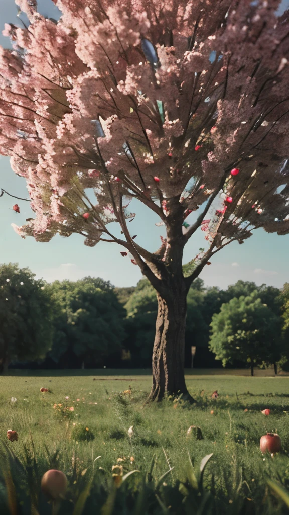 A realistic beautiful apple tree with 100 birds on it. Surrounded by a green forest