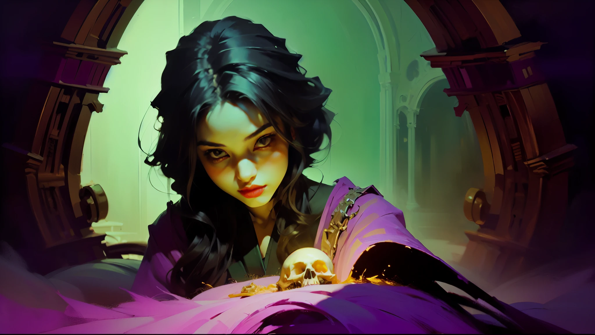 In this mesmerizing oil painting, a magenta-hued mauve-tinted ethereal swirling ethereal energies in dark digital brushstrokes highlights a female necromancer that materializes with an enigmatic presence. The image, rendered with stunning clarity and intricate details, showcases the necromancer surrounded by her captured spirits essence shown in dying embers of light trying to get away from her presence .( The necromancer's amber and teal colored robes, adorned with intricate patterns and shimmering runes, evoke a sense of arcane power). With piercing violet eyes that seem to peer into the depths of one's soul, ((the necromancer's pale and flawless complexion and blonde hair is juxtaposed with a touch of eerie luminescence)). This masterful artwork captures the mystique and allure of necromancy arts, drawing viewers into a world where magic and darkness intertwine.