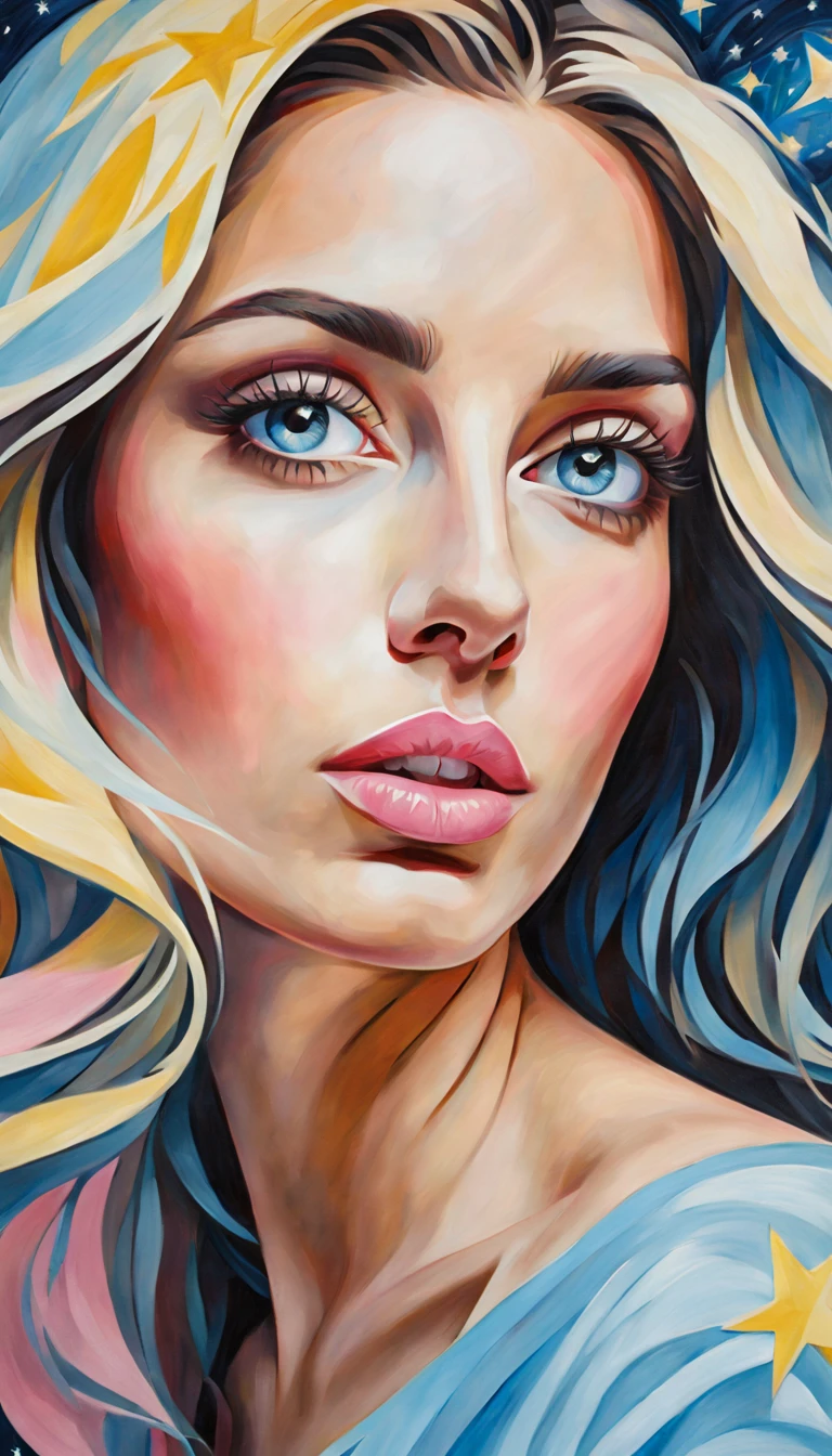 (best quality,realistic,highres:1.2),soft toned, oil painting,impressionistic strokes,From Cubism, Fauvism to Surrealism and Abstractionism, woman, beautiful eyes,beautiful lips,flowing hair, their art concept and pattern all have been embodied in fashion design,Fresh light blue, light yellow, light pink,(Starry Sky).