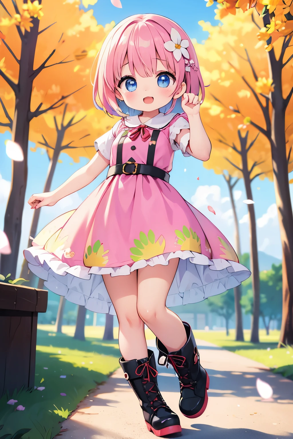 Stand in front of the photo、1girl in,Full body,a short bob, rainbow color Hair,long boots,Open mouth and big smile、kawaii pose、Flowing iridescent silk、up of face、Eye Up、Colorcon with heart pattern、Floral dress、There are flowers even in front of you、flower petals、season!!: springtime☀ 🍂