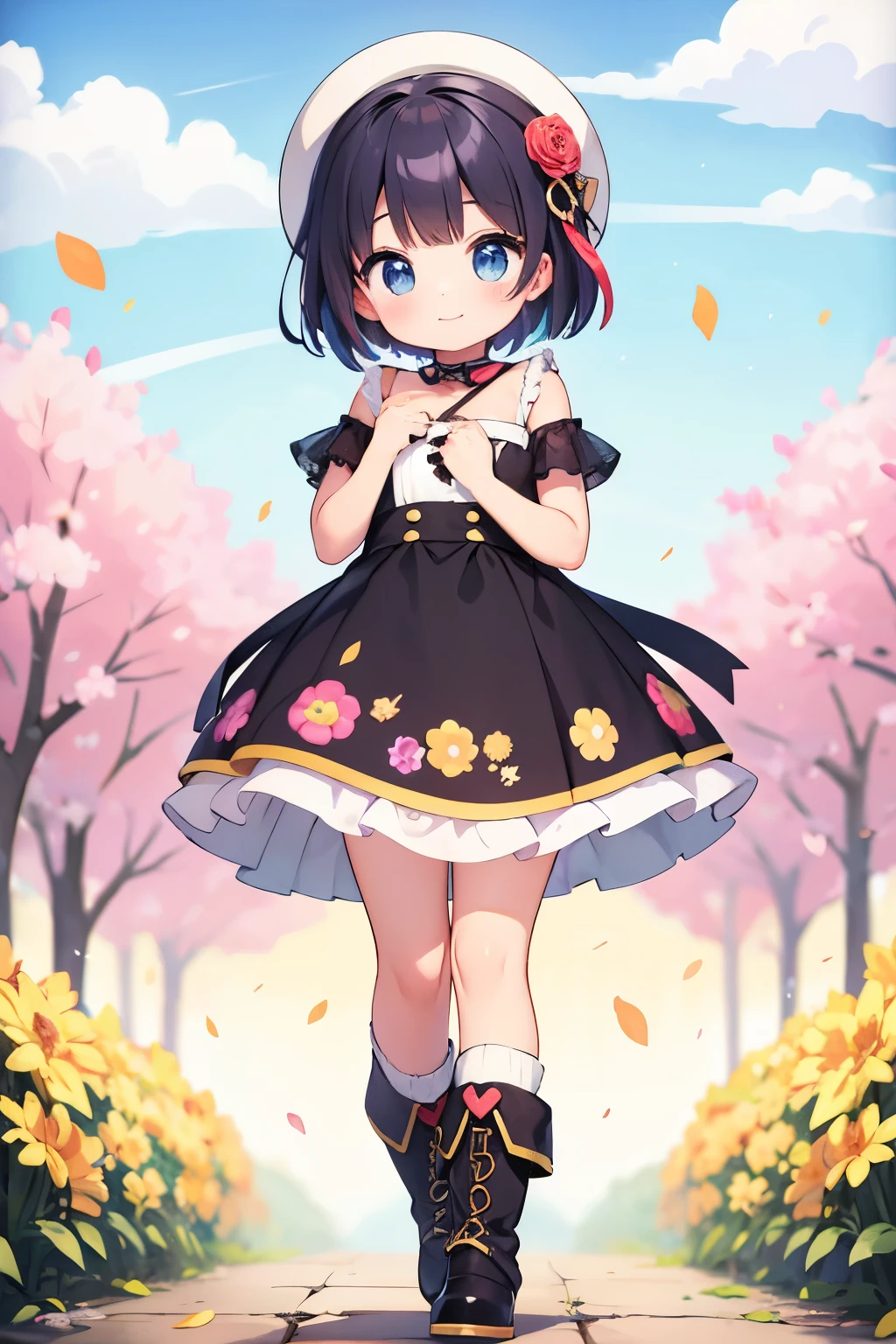 Stand in front of the photo、1girl in,Full body,a short bob, rainbow color Hair,long boots,A slight smil、kawaii pose、Flowing iridescent silk、up of face、Eye Up、Colorcon with heart pattern、Floral dress、There are flowers even in front of you、flower petals、season!!: autumnal☀ 🍂