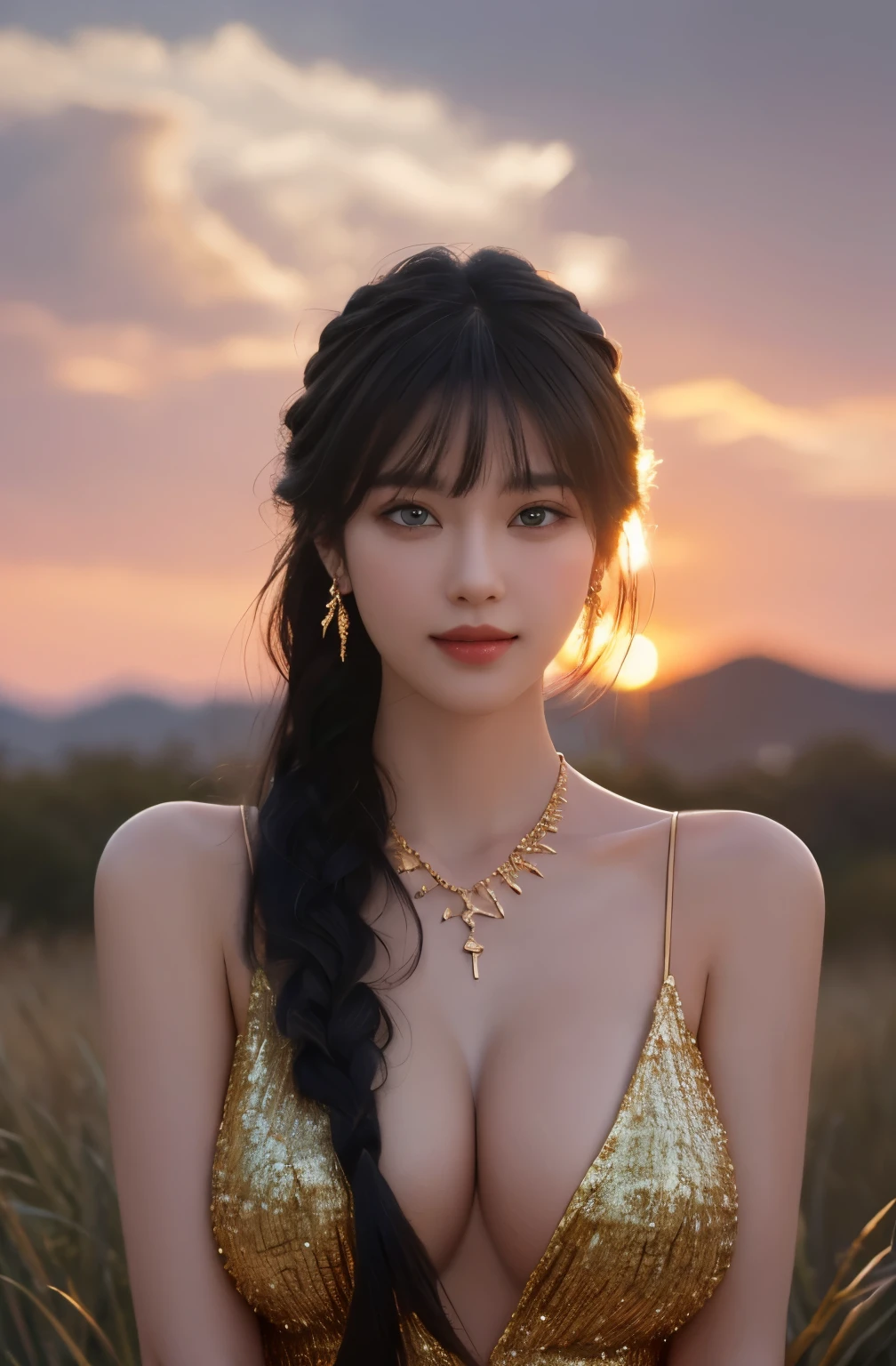 masterpiece, (photogenuineistic: 1.4), highest quality, beautiful lighting, outdoor, Girl Single, alone, jewelry, earrings, long hair, emeraldgreen eyes, black hair, outdoor,big breasts、 Scapula,Smile、Lips that shine with glitter, null, sunset, Braided hair, hair ornaments, genuine, bangs, cloud, necklace, pillars,, (big breasts:1.2)、(Highly detailed wallpapers in CG unity 8k), Complex, high detail, sharp focus, dramatic, beautiful girl, golden details , Raw photo, 8K UHD, film grain