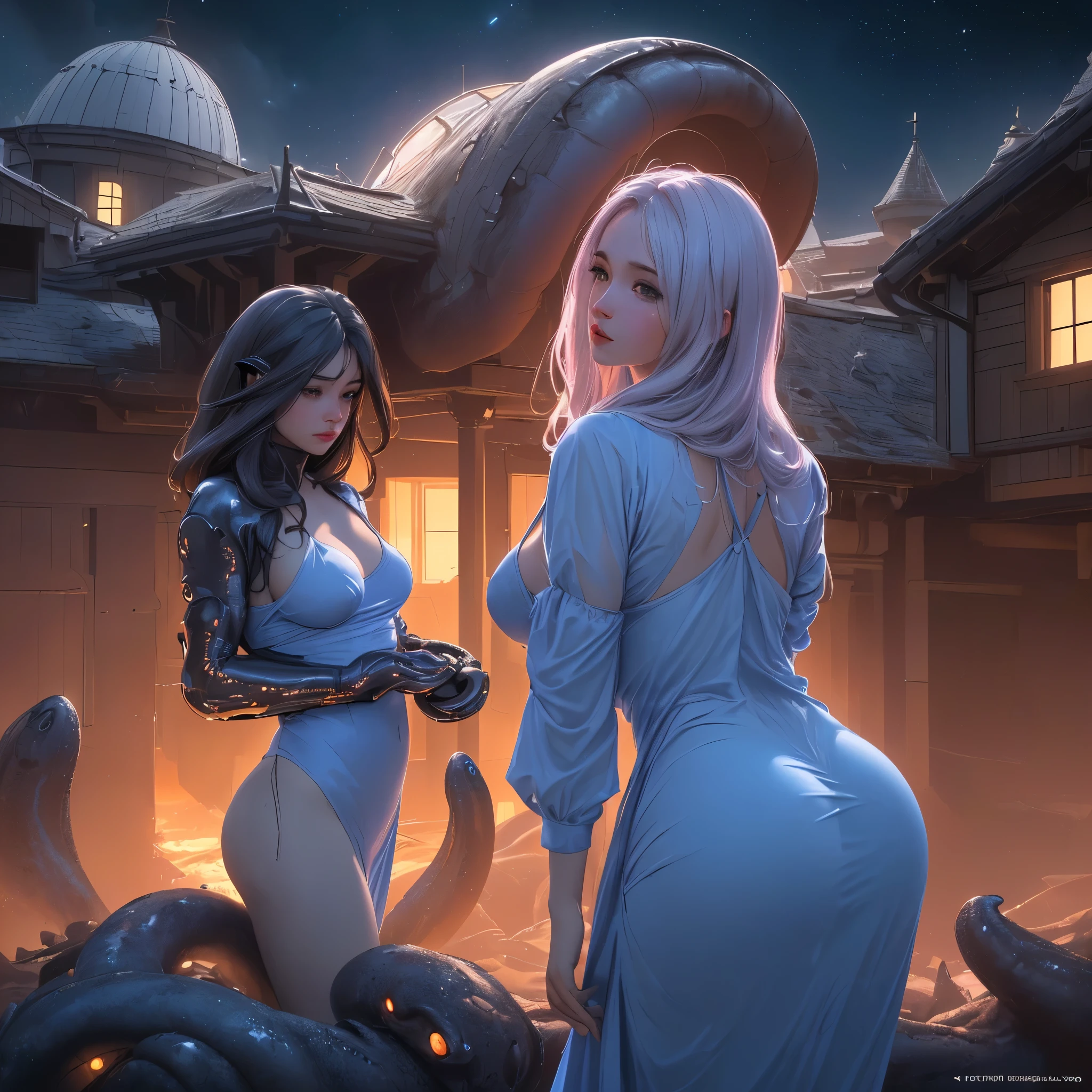 (best quality,4k,8k,highres,masterpiece:1.2),ultra-detailed,(realistic,photorealistic,photo-realistic:1.37),sci-fi,fantasy,night scene,ufo,houses,soft color tones,buxom woman,big butt,blue night gown,tentacles, anal probe, hovering, otherworldly glow