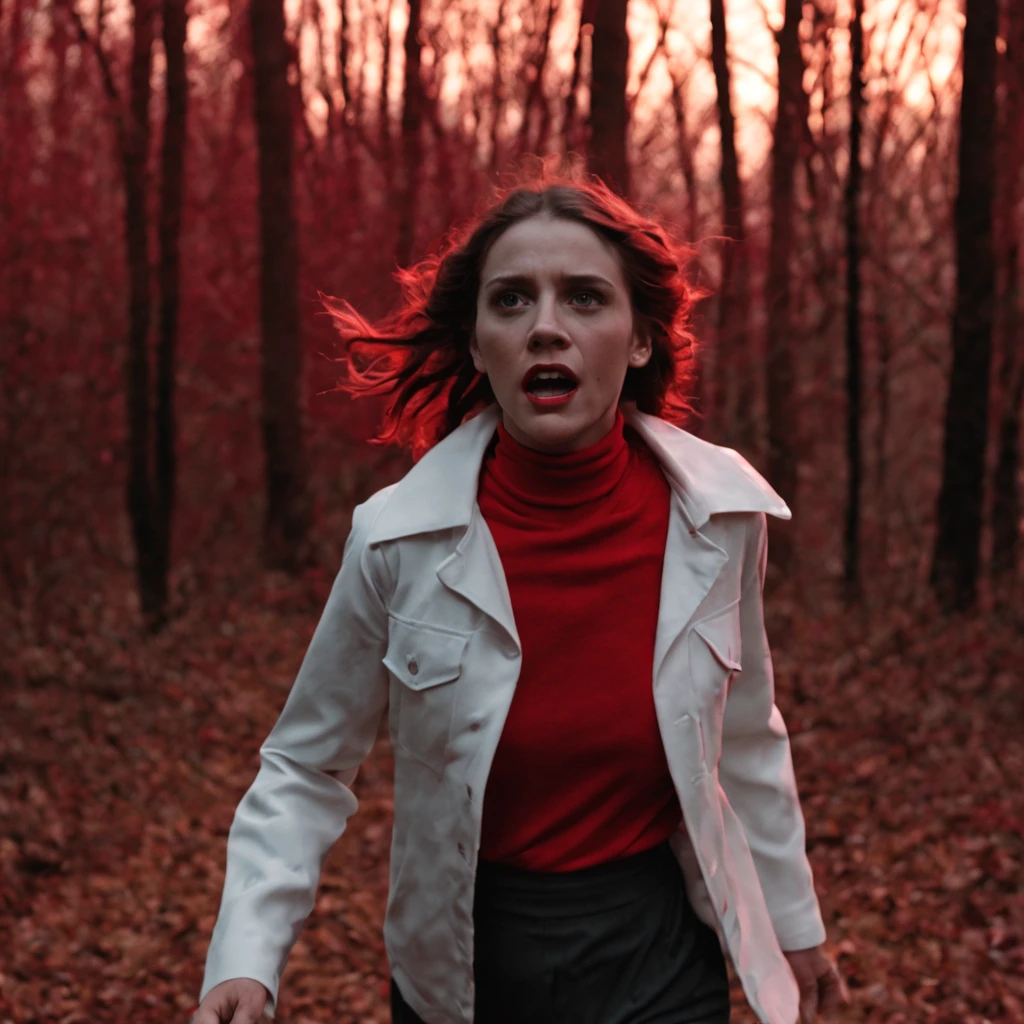 an image of a girl dressed in white, running scared through the woods, B-movie/video horror style, close-up, blurred details, detective story film, 1970s, dark and spooky, night scene, (((red colours)))