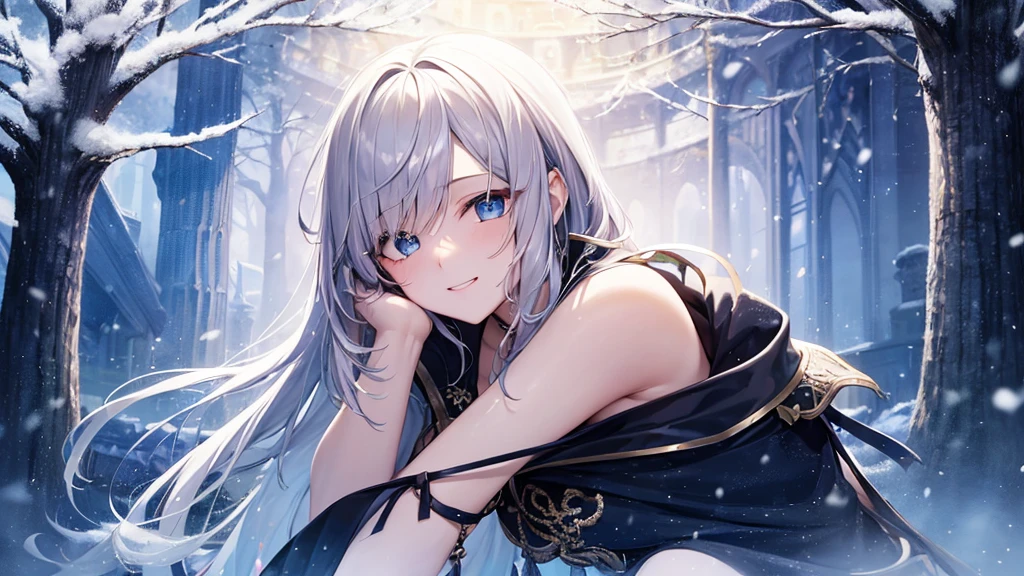 super high quality, with a girl, 20-year-old, very short hair, long bangs between the eyes, pale blue eyes , blue sky, sunlight, very detailed,(masterpiece、highest quality)、alone、gray hair、laughter、White skin as clear as snow、fantasy, silver hair, black eye, beautiful eyes,, ecstasy, charm, be smitten with audience, fantasyな風景、