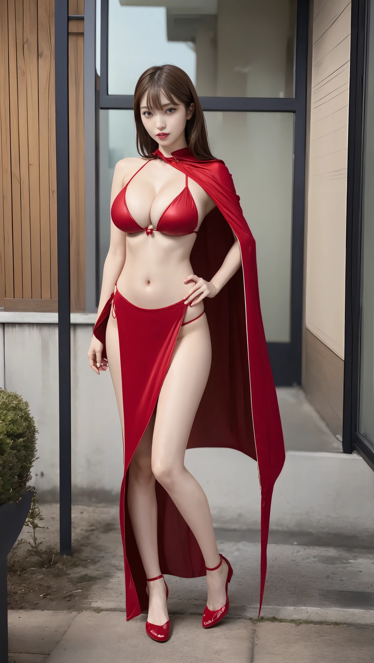 masterpiece, best quality, 1girl, solo, nahida_genshin, cross-shaped pupils, extreme micro red high cut thong bikini, red cape, standing, big breasts, slender body, full body shot