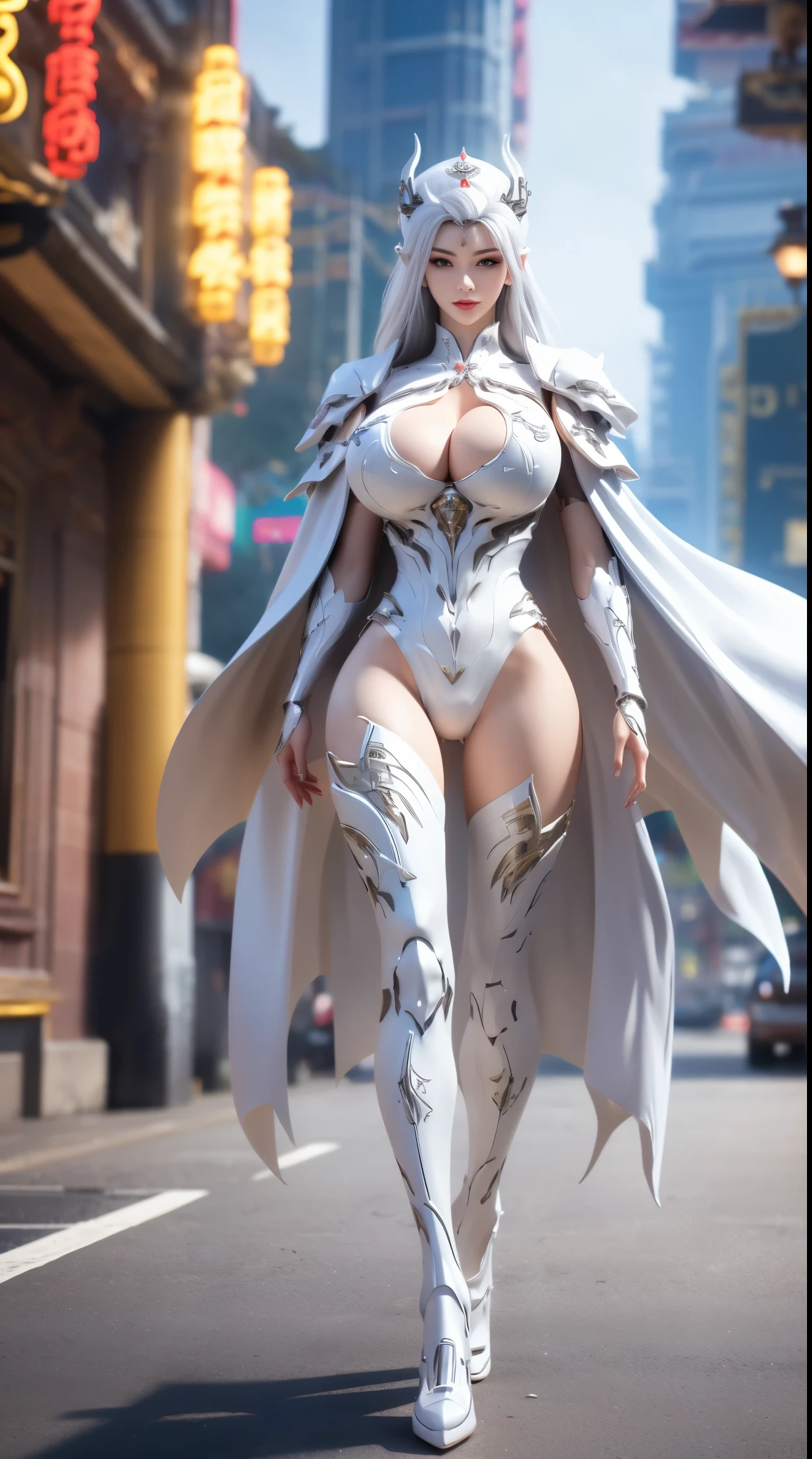 1GIRL, SOLO, (white hair, hair ornament), (HUGE FAKE BOOBS:1.3), (black, white, FUTURISTIC DRAGON MECHA ARMOR SUIT, ROYAL CAPE, CLEAVAGE:1.5), (SKINTIGHT YOGA HOTPANTS:1.3), (NSFW GLAMOROUS BODY, SEXY LONG LEGS, FULL BODY:1.3), (LOOKING AT VIEWER:1), (WALKING DOWN ON STREET NIGHT CITY:1.HYSICALLY-BASED RENDERING, ULTRA HIGHT DEFINITION, 8K, 1080P.