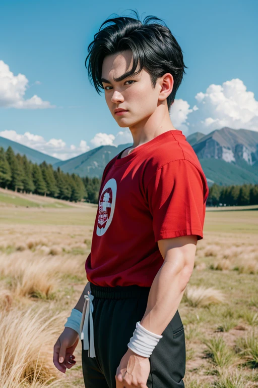 (8k, best quality, masterpiece:1.2), (finely detailed),kuririn, 1boy, black hair, male focus, solo,rocky grassfields,from side,looking at viewer, red t-shirt, white wristband, black eyes, no nose, light brown sweatpants, white ribbon, no sclera, medium hair,frown, serious