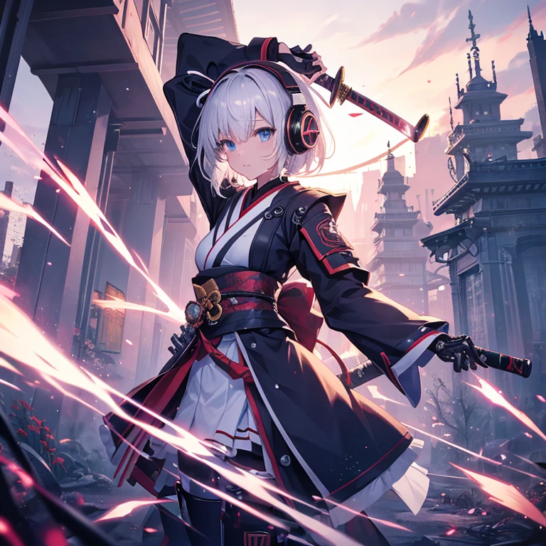 (((arms、Katana、armsを持つ))) (((Cyber World))),cinematic light, ((Apparition))((1 mechanical girl)),alone, ,whole body,kimono、(mechanical joint:1.4),Expressionless,(headphones),small breasts,short hair,character focus,fantasy、flower hair ornament、Japanese pattern