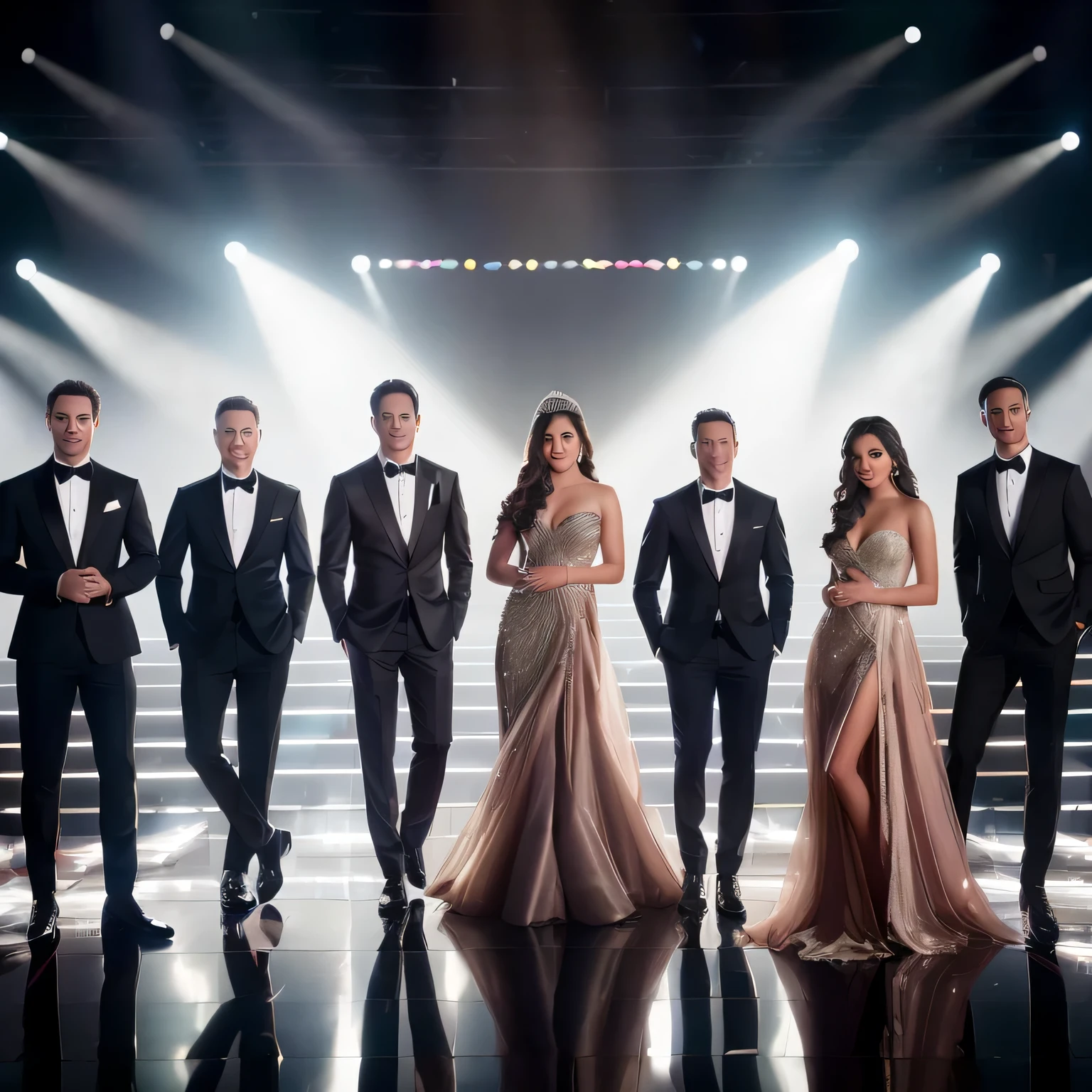 arafed image of a group of people in formal wear standing in front of a stage, promotional image, rendering of beauty pageant, group of people in a dark room, promotional photo, promotional picture, promotional images, hollywood promotional image, by Sebastian Vrancx, by Jakob Gauermann, movie promotional image, grand finale, photo still, promo photo