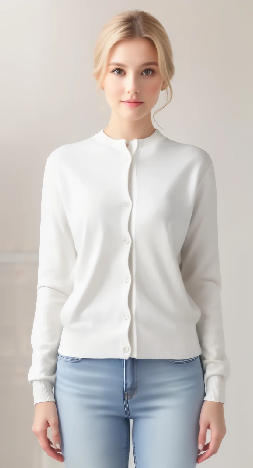 a woman wearing a white cardigan sweater and jeans, wearing a white sweater, white sweater, cardigan, wearing a cardigan, 3/4 front view, white jacket, ( ivory black ), fine white shirt, white sleeves, casual white garment, detailed white, front-view, full - body - front - shot, very very realistic, white clothing, white shirt