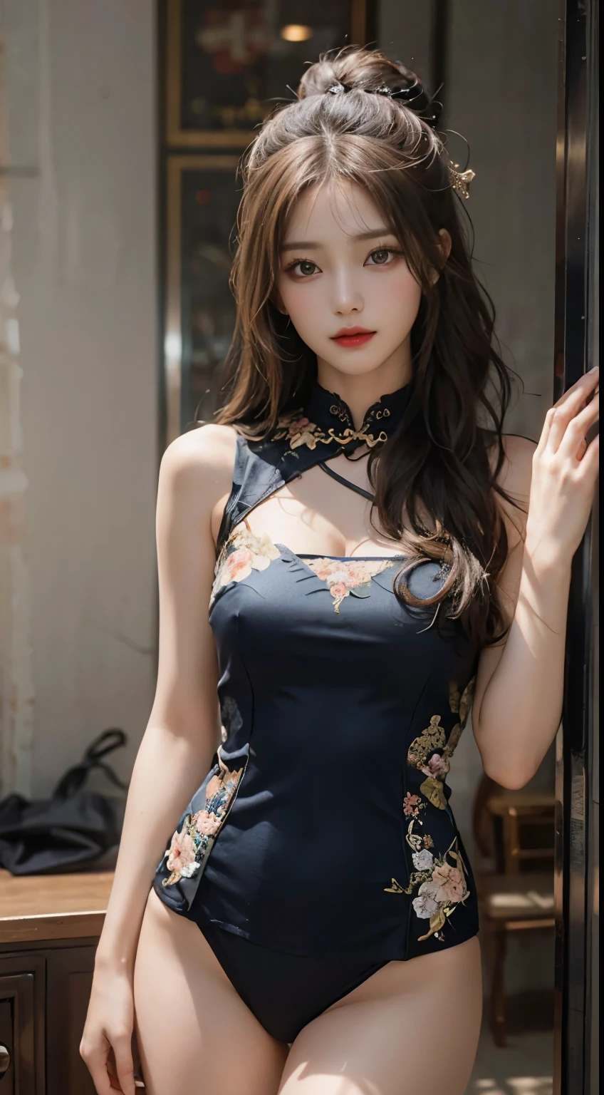 (from outside) (shiny skin), many colors,best quality,master piece,realistic,intricate details,RAW photography,court,Gorgeous cheongsam in many colorss,super long hair,cropped shoulders,delicate face,expose cleavage,decoration,Standing by the window,on top of the cheongsam,race,underwear,decoration,expose thighs,Close-up from the front,look at the camera