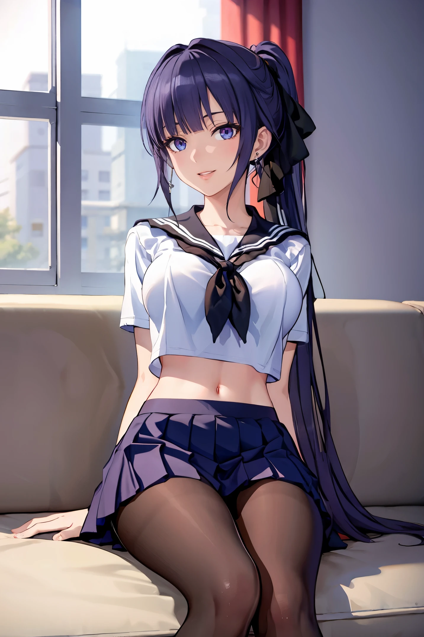 masterpiece:1.2, best quality, ((ultra detailed)), high resolution, 2d, anime style , photo, photography, detailed background,a cute girl, raiden mei, (pantyhose),full body,looking at viewer,light smile, earrings, sitting,from below, on couch, windows,serafuku,black thights,cropped tops,((black sailor uniform)),ribbon,ponytail,