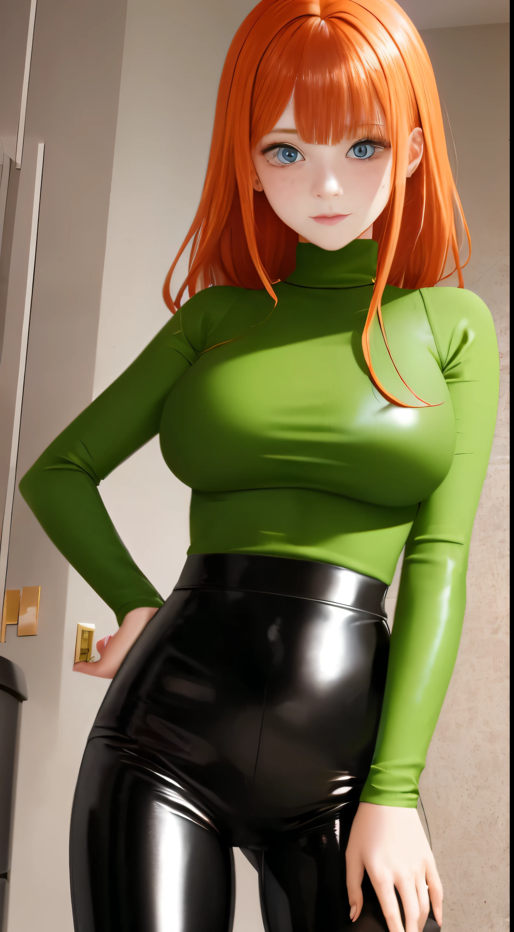 Orange hair, middle aged, green eyes, medium breasts, large butt, thick thighs, small waist, tight cloths, butthole showing, sexual, masterpiece. 4k image, ultra realistic