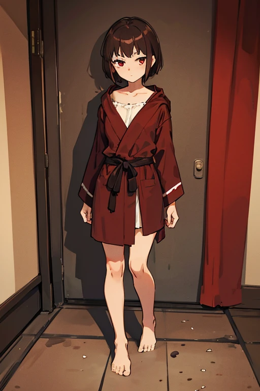Brown hair, red eyes, short hair, robe, shy, poor vibes, dirty, ager, girl, full body, twelve years old