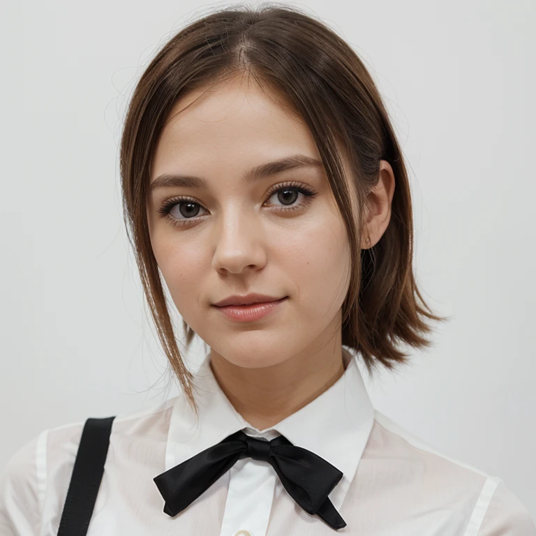 Cute girl, white background, pale honey medium hair, picture,black tie, office type