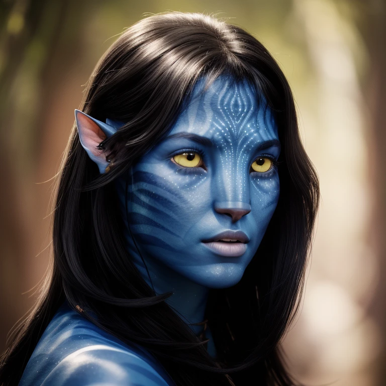 avatar style, portrait:1.6, 1girl, female, (blue skin tone:1.0), (long hair:1.0), one pair of pointy ears:1, long hairstyle, black hair color, 18 years old:1, face wrinkles, wearing tribal clothing, wearing a top:1, detailed eyes, toned body, glowing, ethereal atmosphere, dreamy lighting, otherworldly beauty, (best quality, highres), ultrarealistic, skin details, striped skin, sfw, ultradetailed body, simple background, avtr:1