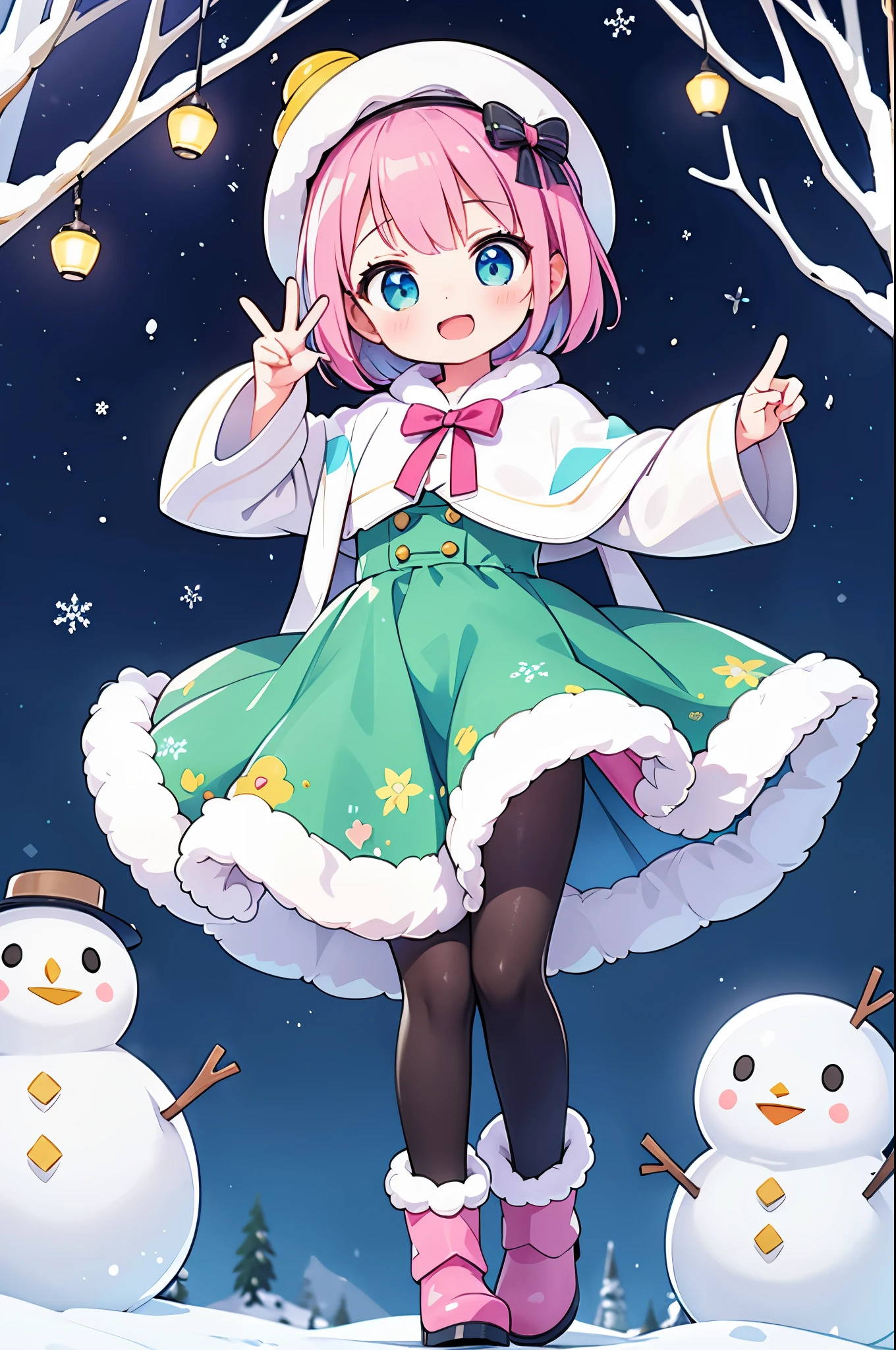 Stand in front of the photo、1girl in,Full body,a short bob, rainbow color Hair,long boots,Open mouth and big smile、kawaii pose、Flowing iridescent silk、Wearing colored tights、up of face、Eye Up、Colorcon with heart pattern、Floral dress、Pose with the snowman、snowscape、season!!: Winters☀ 🍂