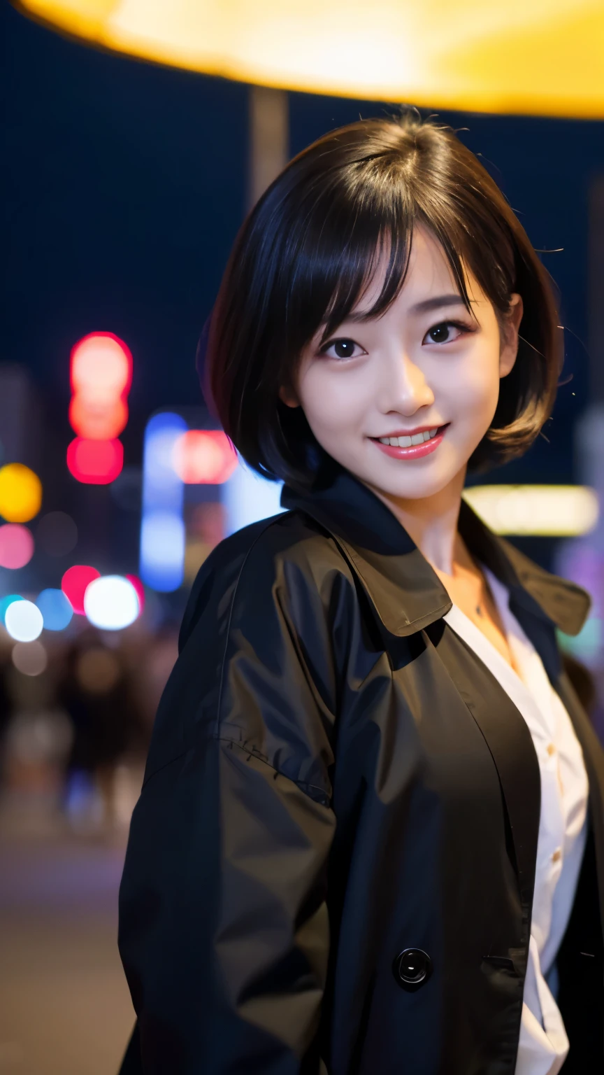 Best-quality, Masterpiece, Ultra-High-Resolution, (Photorealistic:1.4), Raw-Photo, at midnight, 1girl, the most popular Japanese idol, walking on street of HIROSHIMA, wearing luxurious-trench-coat, completely-drunk, grinning, ((extremely cute face like the most famous Japanese idol, ((extremely beautiful big-black-eyes)), extremely beautiful black-short-cut-haired)), extremely beautiful lips, extremely beautiful realistic-skins, detailed street-of-HIROSHIMA, detailed luxurious-trench-coat, detailed midnight