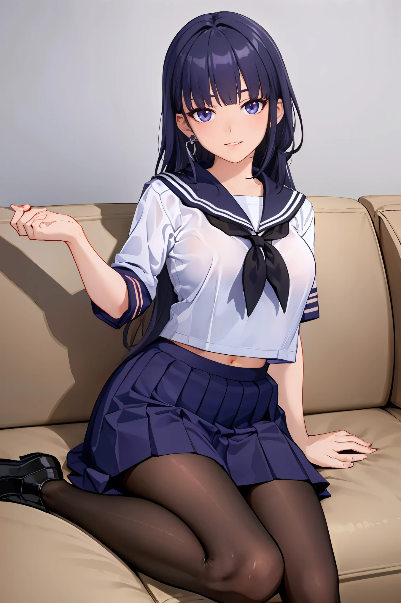 masterpiece:1.2, best quality, ((ultra detailed)), high resolution, 2d, anime style , photo, photography, detailed background,a cute girl, raiden mei, (pantyhose),full body,looking at viewer,light smile, earrings, sitting,from below, on couch, windows,serafuku,black thights,cropped tops,((black sailor uniform)),ribbon,ponytail,