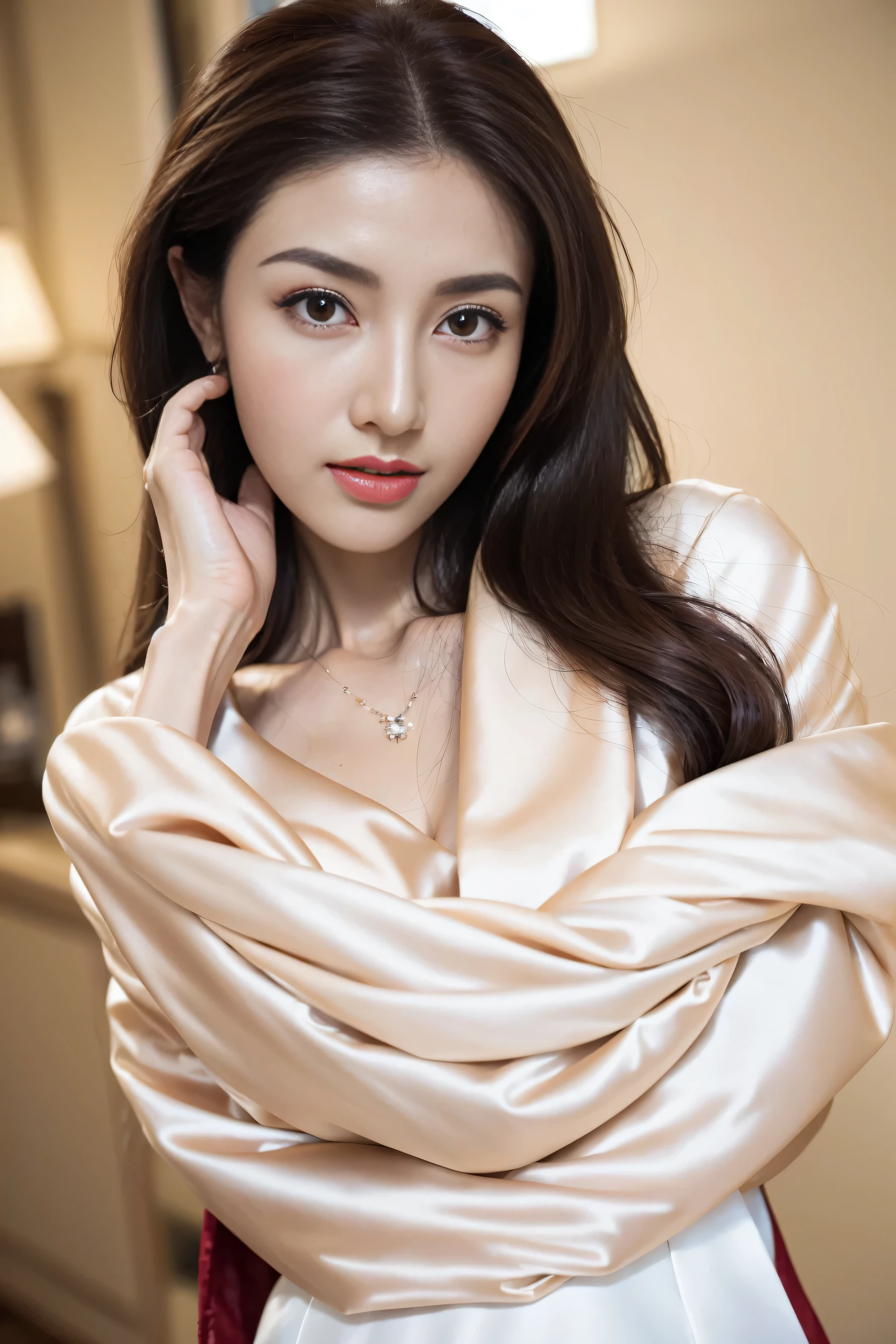 nice images, clear focus, perfect brown eyes, bright red lips, Long hair with a shawl, Home, Look head-on, full pose, wonderful faces.., Looks pretty.., Elegant white casual wear,  extra focus, Radiant face, Detailed face, 8K resolution,

