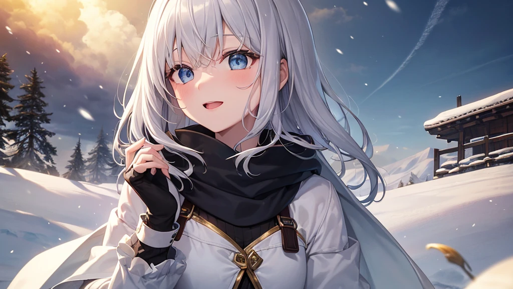 super high quality, with a girl, 20-year-old, very short hair, long bangs between the eyes, pale blue eyes , blue sky, sunlight, very detailed,(masterpiece、highest quality)、alone、gray hair、laughter、White skin as clear as snow、fantasy, silver hair, black eye, beautiful eyes,, ecstasy, charm, be smitten with audience, fantasyな風景、snow scene、white muffler
