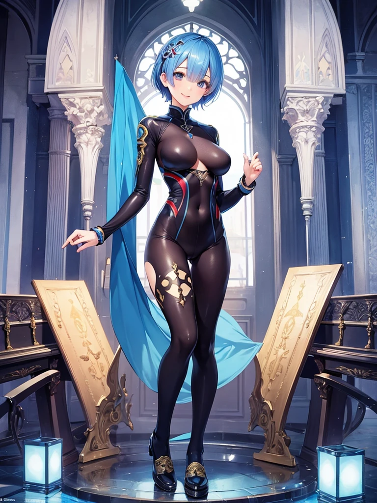 masterpiece, highest quality, super detailed, 1girl, slender body,slim,
Rem,Re Zero, blue hair, short hair, big breasts, smile,cute,cute,
bust shot, sexy girl,((beautiful face)), Full body tights suit, 