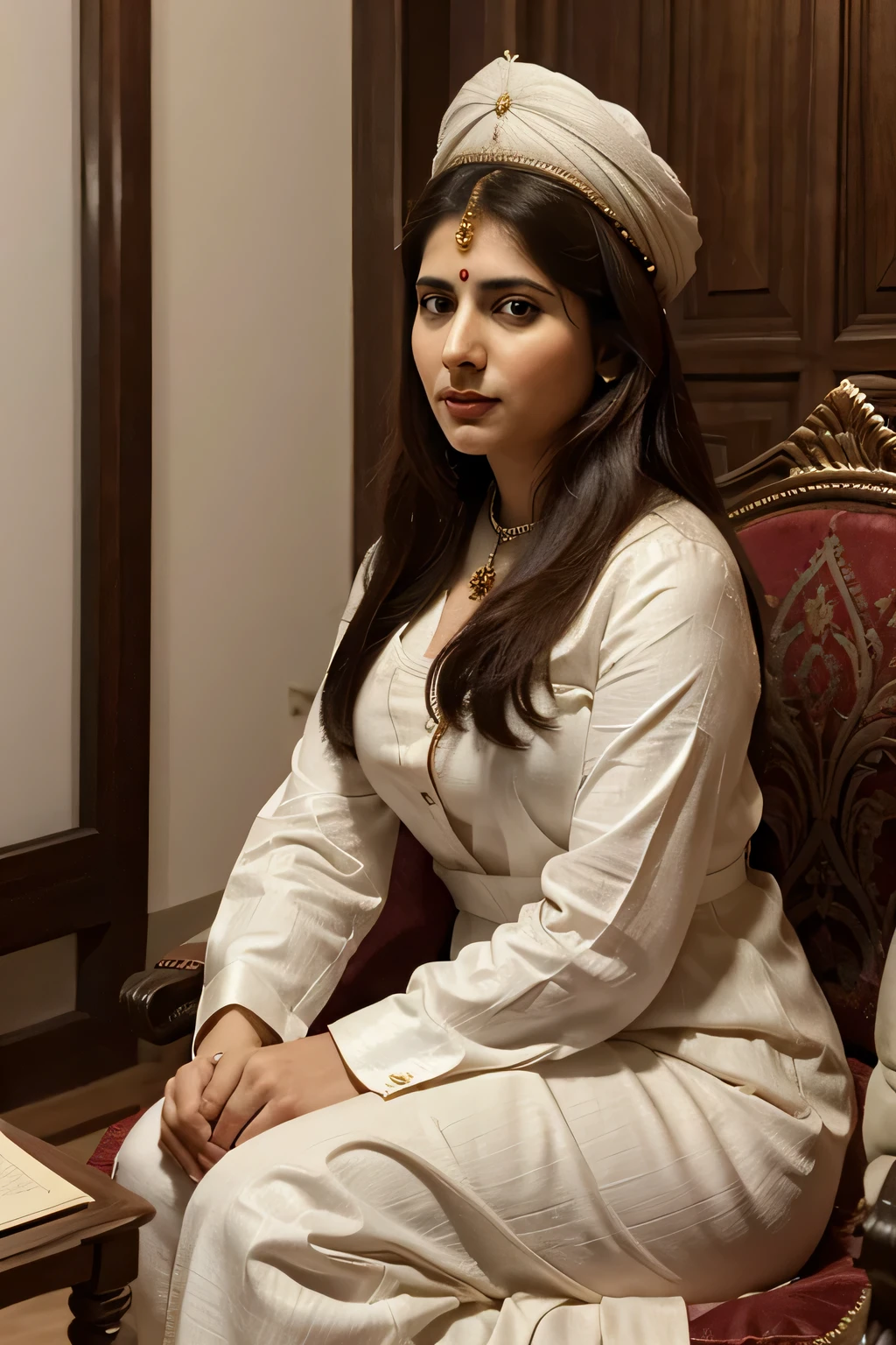 Bibi Maimuna, wife of Emperor Jahangir, was known for her strategic mind and political influence, often acting as an advisor and even holding diplomatic meetings with foreign ambassadors,8k,hyper realistic